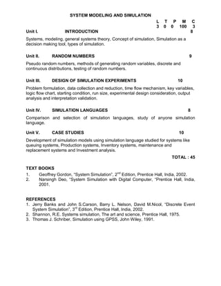 SYSTEM MODELING AND SIMULATION
                                                                     L   T P M            C
                                                                     3   0 0 100          3
Unit I.             INTRODUCTION                                                         8
Systems, modeling, general systems theory, Concept of simulation, Simulation as a
decision making tool, types of simulation.

Unit II.     RANDOM NUMBERS                                                           9
Pseudo random numbers, methods of generating random variables, discrete and
continuous distributions, testing of random numbers.

Unit III.    DESIGN OF SIMULATION EXPERIMENTS                                   10
Problem formulation, data collection and reduction, time flow mechanism, key variables,
logic flow chart, starting condition, run size, experimental design consideration, output
analysis and interpretation validation.

Unit IV.     SIMULATION LANGUAGES                                                    8
Comparison and selection of simulation languages, study of anyone simulation
language.

Unit V.      CASE STUDIES                                                       10
Development of simulation models using simulation language studied for systems like
queuing systems, Production systems, Inventory systems, maintenance and
replacement systems and Investment analysis.
                                                                             TOTAL : 45

TEXT BOOKS
1.   Geoffrey Gordon, “System Simulation”, 2nd Edition, Prentice Hall, India, 2002.
2.   Narsingh Deo, “System Simulation with Digital Computer, “Prentice Hall, India,
     2001.


REFERENCES
1. Jerry Banks and John S.Carson, Barry L. Nelson, David M.Nicol, “Discrete Event
   System Simulation”, 3rd Edition, Prentice Hall, India, 2002.
2. Shannon, R.E. Systems simulation, The art and science, Prentice Hall, 1975.
3. Thomas J. Schriber, Simulation using GPSS, John Wiley, 1991.
 