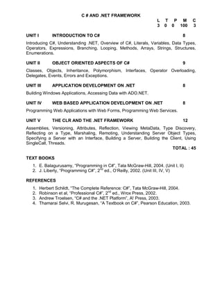 C # AND .NET FRAMEWORK
                                                                  L   T P M           C
                                                                  3   0 0 100         3

UNIT I         INTRODUCTION TO C#                                              8
Introducing C#, Understanding .NET, Overview of C#, Literals, Variables, Data Types,
Operators, Expressions, Branching, Looping, Methods, Arrays, Strings, Structures,
Enumerations.

UNIT II        OBJECT ORIENTED ASPECTS OF C#                                   9
Classes, Objects, Inheritance, Polymorphism, Interfaces, Operator Overloading,
Delegates, Events, Errors and Exceptions.

UNIT III       APPLICATION DEVELOPMENT ON .NET                                 8
Building Windows Applications, Accessing Data with ADO.NET.

UNIT IV        WEB BASED APPLICATION DEVELOPMENT ON .NET                       8
Programming Web Applications with Web Forms, Programming Web Services.

UNIT V         THE CLR AND THE .NET FRAMEWORK                                  12
Assemblies, Versioning, Attributes, Reflection, Viewing MetaData, Type Discovery,
Reflecting on a Type, Marshaling, Remoting, Understanding Server Object Types,
Specifying a Server with an Interface, Building a Server, Building the Client, Using
SingleCall, Threads.
                                                                        TOTAL : 45

TEXT BOOKS
   1. E. Balagurusamy, “Programming in C#”, Tata McGraw-Hill, 2004. (Unit I, II)
   2. J. Liberty, “Programming C#”, 2nd ed., O’Reilly, 2002. (Unit III, IV, V)

REFERENCES
   1.    Herbert Schildt, “The Complete Reference: C#”, Tata McGraw-Hill, 2004.
   2.    Robinson et al, “Professional C#”, 2nd ed., Wrox Press, 2002.
   3.    Andrew Troelsen, “C# and the .NET Platform”, A! Press, 2003.
   4.    Thamarai Selvi, R. Murugesan, “A Textbook on C#”, Pearson Education, 2003.
 