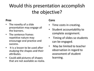 Would this presentation accomplish
the objective?
Pros
• The novelty of a slide
presentation may engage all
the learners.
• The sentence frames
repetitive nature may
encourage oral practice and
success.
• It is a lesson to be used after
studying the shapes and their
attributes.
• Could add pictures of shapes
that are not available as realia.
Cons
• Time costs in creating.
• Student accountability to
complete assignment.
• Timing of slides so students
can be engaged.
• May be limited to teacher
observation in regard to
assessment of student
learning.
 