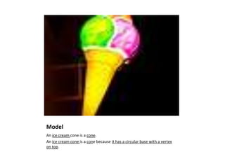 Model
An ice cream cone is a cone.
An ice cream cone is a cone because it has a circular base with a vertex
on top.
 