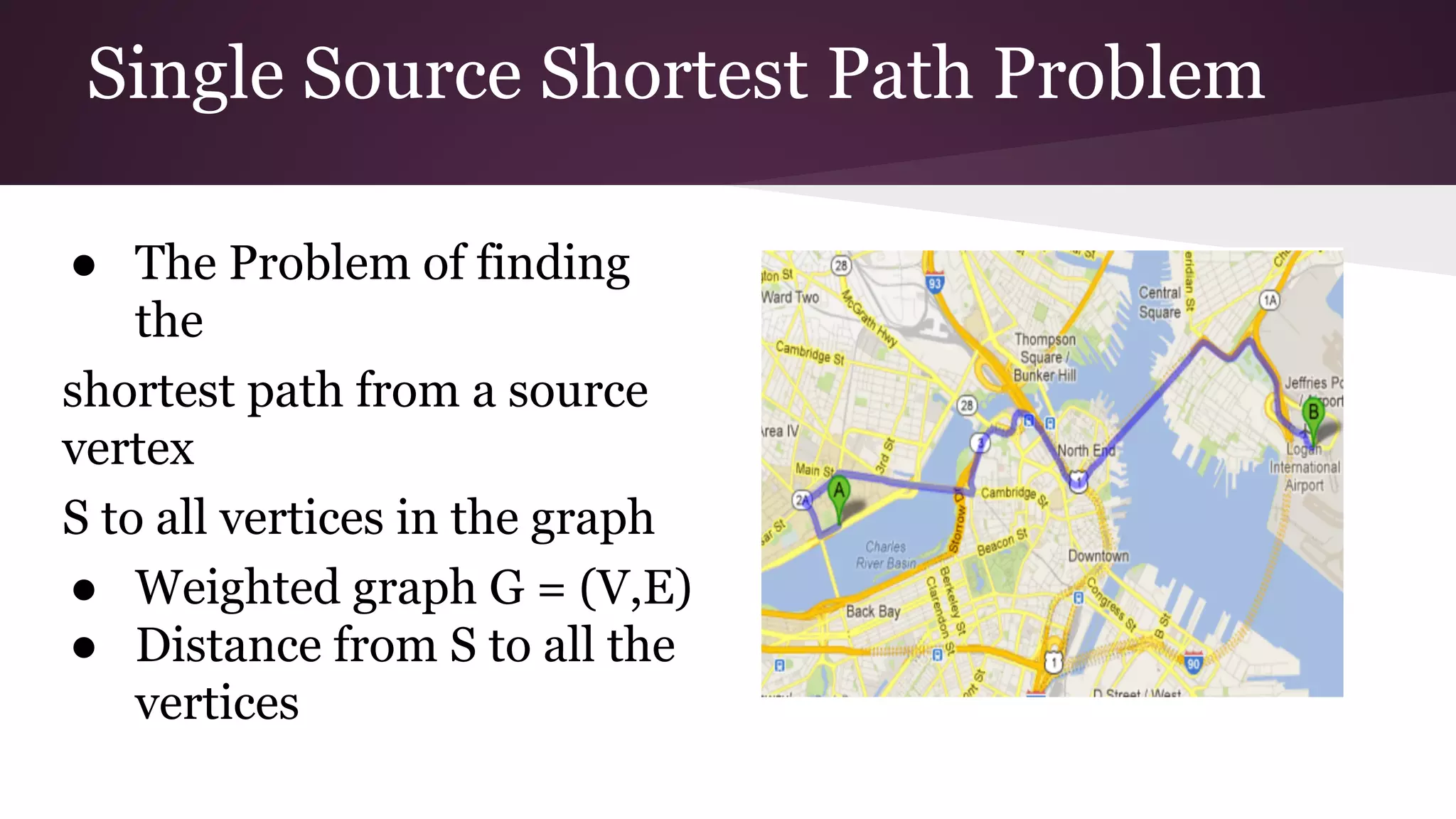 Single Source Shortest Path Problem
● The Problem of finding
the
shortest path from a source
vertex
S to all vertices in the graph
● Weighted graph G = (V,E)
● Distance from S to all the
vertices
 