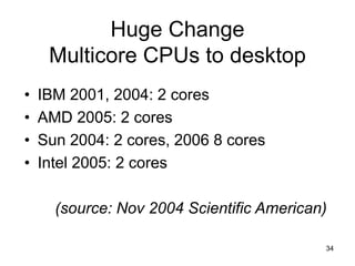 34
Huge Change
Multicore CPUs to desktop
• IBM 2001, 2004: 2 cores
• AMD 2005: 2 cores
• Sun 2004: 2 cores, 2006 8 cores
• Intel 2005: 2 cores
(source: Nov 2004 Scientific American)
 