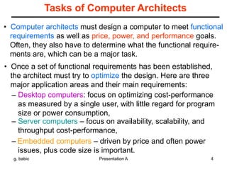 g. babic Presentation A 4
Tasks of Computer Architects
• Computer architects must design a computer to meet functional
requirements as well as price, power, and performance goals.
Often, they also have to determine what the functional require-
ments are, which can be a major task.
• Once a set of functional requirements has been established,
the architect must try to optimize the design. Here are three
major application areas and their main requirements:
– Desktop computers: focus on optimizing cost-performance
as measured by a single user, with little regard for program
size or power consumption,
– Server computers – focus on availability, scalability, and
throughput cost-performance,
– Embedded computers – driven by price and often power
issues, plus code size is important.
 