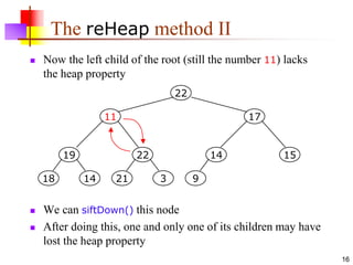 16
The reHeap method II
 Now the left child of the root (still the number 11) lacks
the heap property
 We can siftDown() this node
 After doing this, one and only one of its children may have
lost the heap property
19
14
18
22
3
21
14
9
15
17
11
22
 
