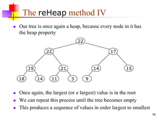 18
The reHeap method IV
 Our tree is once again a heap, because every node in it has
the heap property
 Once again, the largest (or a largest) value is in the root
 We can repeat this process until the tree becomes empty
 This produces a sequence of values in order largest to smallest
19
14
18
21
3
11
14
9
15
17
22
22
 