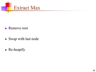 25
Extract Max
 Remove root
 Swap with last node
 Re-heapify
 