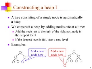 9
Constructing a heap I
 A tree consisting of a single node is automatically
a heap
 We construct a heap by adding nodes one at a time:
 Add the node just to the right of the rightmost node in
the deepest level
 If the deepest level is full, start a new level
 Examples:
Add a new
node here
Add a new
node here
 