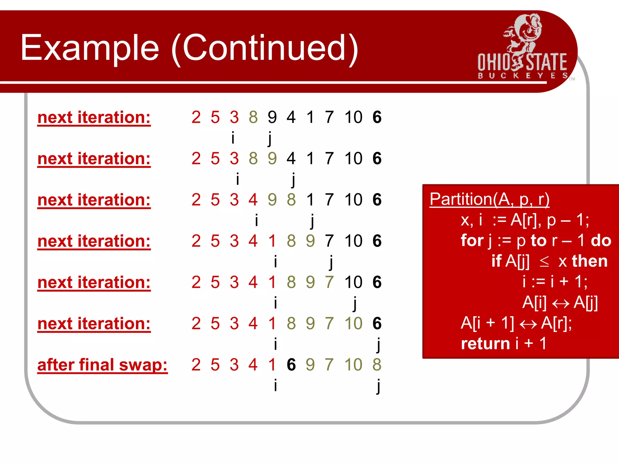 Example (Continued)
next iteration: 2 5 3 8 9 4 1 7 10 6
i j
next iteration: 2 5 3 8 9 4 1 7 10 6
i j
next iteration: 2 5 3 4 9 8 1 7 10 6
i j
next iteration: 2 5 3 4 1 8 9 7 10 6
i j
next iteration: 2 5 3 4 1 8 9 7 10 6
i j
next iteration: 2 5 3 4 1 8 9 7 10 6
i j
after final swap: 2 5 3 4 1 6 9 7 10 8
i j
Partition(A, p, r)
x, i := A[r], p – 1;
for j := p to r – 1 do
if A[j]  x then
i := i + 1;
A[i]  A[j]
A[i + 1]  A[r];
return i + 1
 