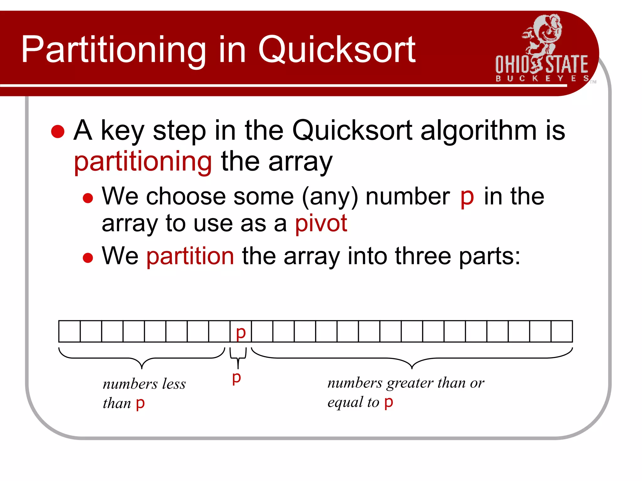 Partitioning in Quicksort
 A key step in the Quicksort algorithm is
partitioning the array
 We choose some (any) number p in the
array to use as a pivot
 We partition the array into three parts:
p
numbers less
than p
numbers greater than or
equal to p
p
 