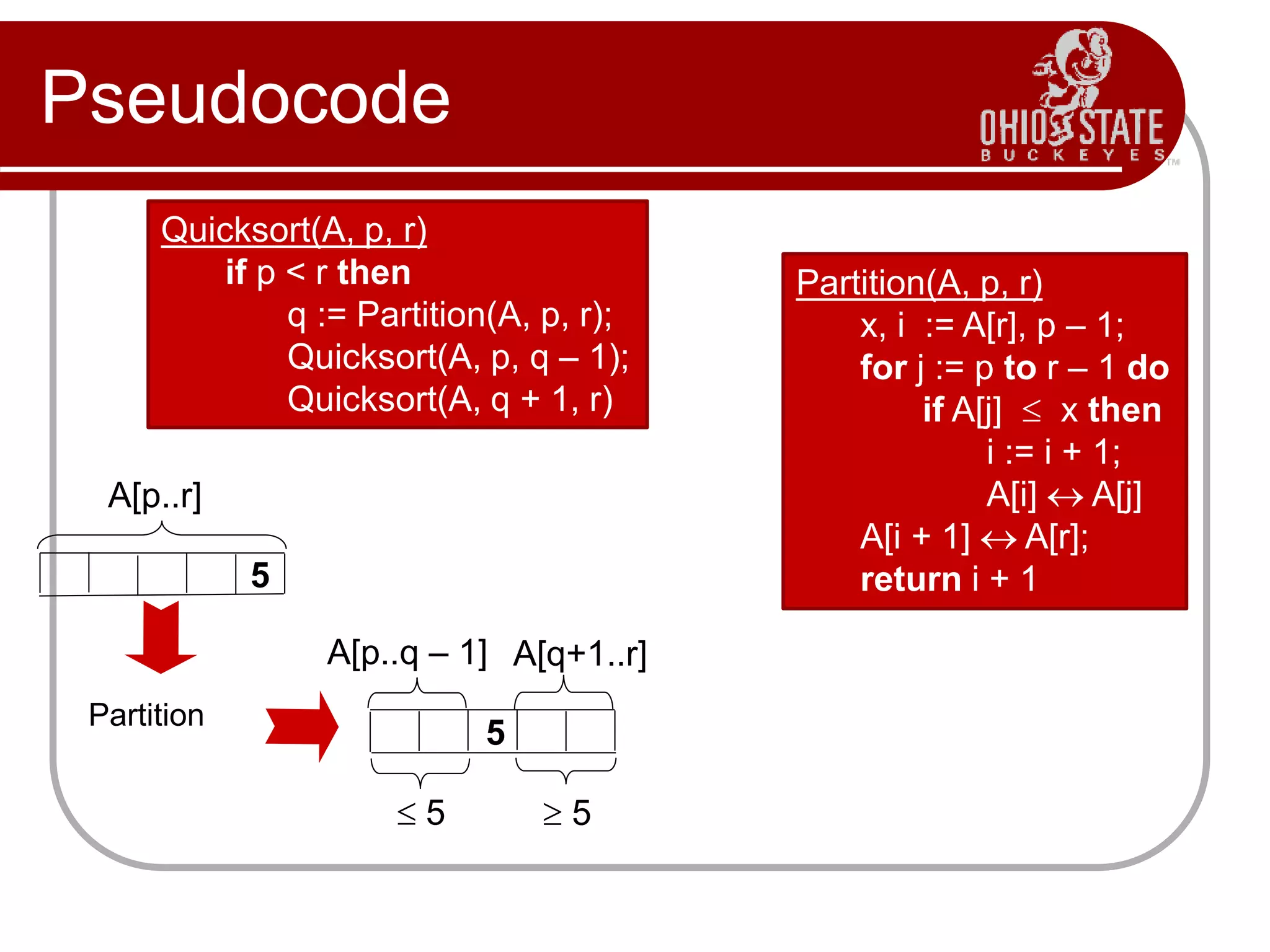 Pseudocode
Quicksort(A, p, r)
if p < r then
q := Partition(A, p, r);
Quicksort(A, p, q – 1);
Quicksort(A, q + 1, r)
Partition(A, p, r)
x, i := A[r], p – 1;
for j := p to r – 1 do
if A[j]  x then
i := i + 1;
A[i]  A[j]
A[i + 1]  A[r];
return i + 1
5
A[p..r]
A[p..q – 1] A[q+1..r]
 5  5
Partition
5
 