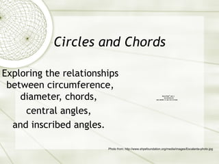 Circles and Chords

Exploring the relationships
 between circumference,
    diameter, chords,                                            QuickTimeª and a
                                                                   decompressor
                                                         are needed to see this picture.




     central angles,
  and inscribed angles.

                        Photo from: http://www.shpefoundation.org/media/images/Escalante-photo.jpg
 