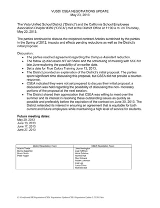 VUSD/ CSEA NEGOTIATIONS UPDATE
May 23, 2013
K:Certificated HRNegotiationsCSEA Negotiations UpdatesCSEA Negotiation Update 5.23.2013.doc
The Vista Unified School District (“District”) and the California School Employees
Association Chapter #389 (“CSEA”) met at the District Office at 11:00 a.m. on Thursday,
May 23, 2013.
The parties continued to discuss the reopened contract Articles sunshined by the parties
in the Spring of 2012, impacts and effects pending reductions as well as the District’s
initial proposal.
Discussion:
• The parties reached agreement regarding the Campus Assistant reduction.
• The follow up discussion of Fair Share and the scheduling of meeting with SSC for
late June exploring the possibility of an earlier date.
• Set a date for True Colors Training June 13, 2013.
• The District provided an explanation of the District’s initial proposal. The parties
spent significant time discussing this proposal, but CSEA did not provide a counter-
response.
• CSEA indicated they were not yet prepared to discuss their initial proposal, a
discussion was held regarding the possibility of discussing the non- monetary
portions of the proposal at the next session.
• The District shared their appreciation that CSEA was willing to meet over the
summer and its interest in resolving these outstanding issues as quickly as
possible and preferably before the expiration of the contract on June 30, 2013. The
District reiterated its interest in ensuring an agreement that is equitable for both
current and future employees while maintaining a high level of service for students.
Future meeting dates:
May 29, 2013
June 13, 2013
June 17, 2013
June 27, 2013
District Negotiation Team CSEA Negotiation Team
Acacia Thede
Donna Caperton
Brock Smith
Peter Fagen
Jane Harrington
Lisa Hoffman
Alicia Evilsizer
Ronnie Hall
Ron Kritzeck
Robert Johnson
Lisa Lee
Laura Zirino
Michelle Bell
 