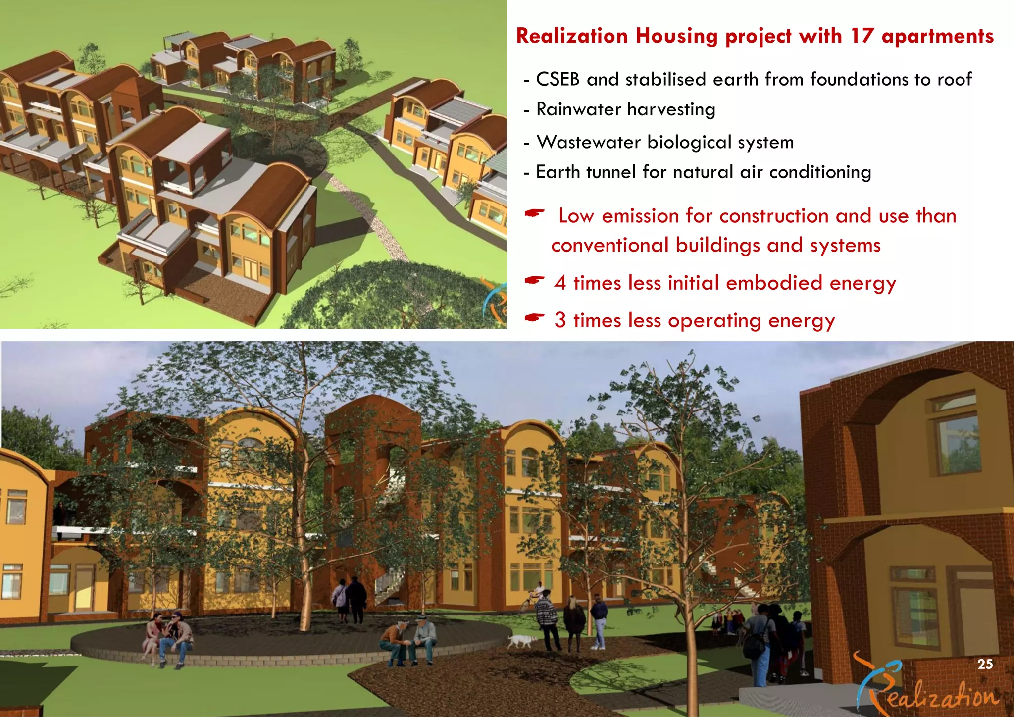 Realization Housing project with 17 apartments
- Wastewater biological system
- Rainwater harvesting
- Earth tunnel for natural air conditioning
- CSEB and stabilised earth from foundations to roof
 4 times less initial embodied energy
 Low emission for construction and use than
conventional buildings and systems
 3 times less operating energy
25
 