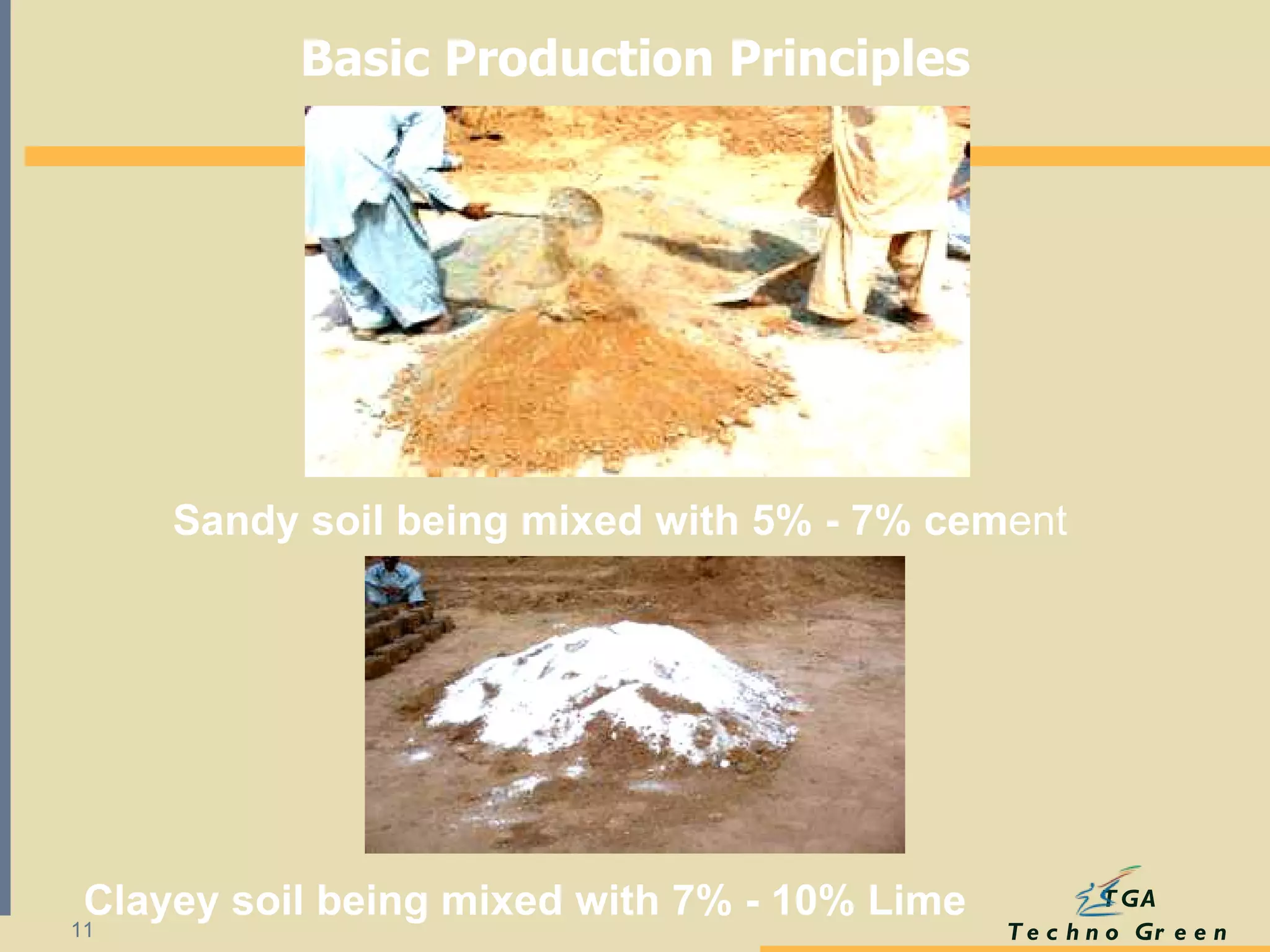 Sandy soil being mixed with 5% - 7% cem ent Clayey soil being mixed with 7% - 10% Lime Basic Production Principles 