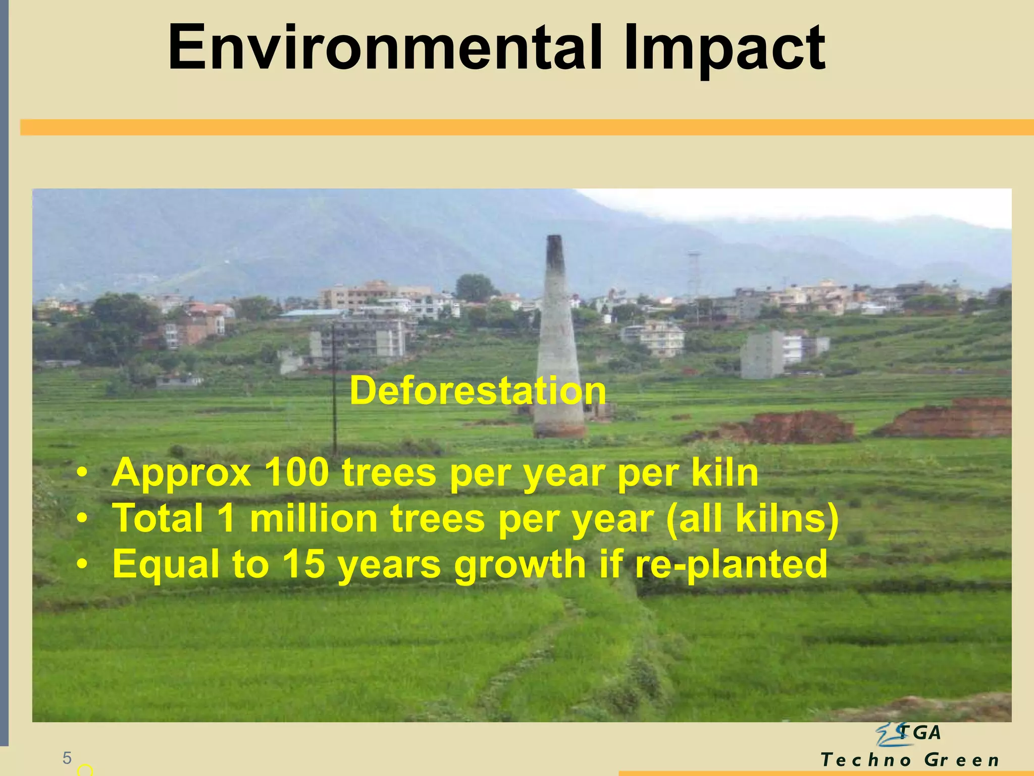 Deforestation Approx 100 trees per year per kiln Total 1 million trees per year (all kilns)  Equal to 15 years growth if re-planted Environmental Impact  