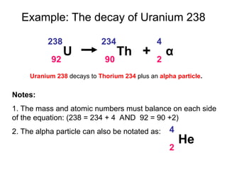 Example: The decay of Uranium 238
U
238
92
Th
234
90
α
4
2
+
Uranium 238 decays to Thorium 234 plus an alpha particle.
Notes:
1. The mass and atomic numbers must balance on each side
of the equation: (238 = 234 + 4 AND 92 = 90 +2)
2. The alpha particle can also be notated as:
He
4
2
 