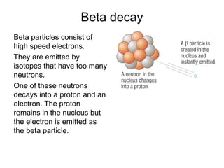 Beta decay
Beta particles consist of
high speed electrons.
They are emitted by
isotopes that have too many
neutrons.
One of these neutrons
decays into a proton and an
electron. The proton
remains in the nucleus but
the electron is emitted as
the beta particle.
 