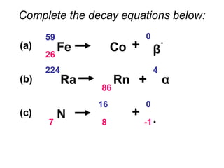 Complete the decay equations below:
Fe
59
26
Co
59
27 β
-
0
-1
+
Ra
224
88
Rn
220
86
α
4
2
+
N
16
7
O
16
8
β
-
0
-1
+
(a)
(c)
(b)
 