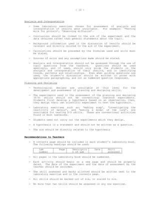 - 10 -



Analysis and Interpretation
  -   Some laboratory exercises chosen for assessment of analysis and
      interpretation of results were unsuitable. For example: ‘Testing
      milk for protein’, ‘Observing diffusion’.
  -   Conclusions should be linked to the aim of the experiment and the
      data obtained rather than general statements about the topic.

  -   Background information used in the discussion of results should be
      relevant and directly related to the aim of the experiment.
  -   Calculations should be preceded by the formulae used and units must
      be stated.
  -   Sources of error and any assumptions made should be stated.
  -   Analysis and Interpretation should not be assessed through the use of
      topic questions from the textbook.        Questions should be used
      sparingly, and if used, should only guide the students in the
      analysis and interpretation of their results, and in identifying
      trends, patterns and relationships. Even when guiding questions are
      used, the student’s discussion should be written in prose with
      appropriate paragraphing, and not as numbered question responses.
Planning and Designing
  -   Technological designs are unsuitable at this level for              the
      development and assessment of planning and designing skills.
  -   The experiments used in the assessment of the    planning and designing
      (P/D) skills should not be conventional          textbook experiments.
      Students first develop a hypothesis based on      an observation, then,
      they design their own scientific experiment to   test the hypothesis.
  -   Laboratory exercises such as: ‘making soap’, ‘investigating the
      reactivity of metals’, and ‘making a model of the lung’, are
      unsuitable for testing P/D skills. These are conventional activities
      found in most textbooks.
  -   Students need not carry out the experiments which they design.
  -   A hypothesis is a statement and should not be written as a question.
  -   The aim should be directly related to the hypothesis

Recommendations to Teachers
  -   A contents page should be included in each student’s laboratory book.
      The following headings should be used:

         Lab             Page   Descriptio     Date       Skill
         number                 n of Lab                  assessed

  -   All pages in the Laboratory book should be numbered.
  -   Each activity should begin on a new page and should be properly
      dated. The date of the experiment and the date of assessment by the
      teacher should be recorded.
  -   The skill assessed and marks allotted should be written next to the
      laboratory exercise and in the contents page.
  -   All skills should be marked out of six, or scaled to six.
  -   No more than two skills should be assessed in any one exercise.
 
