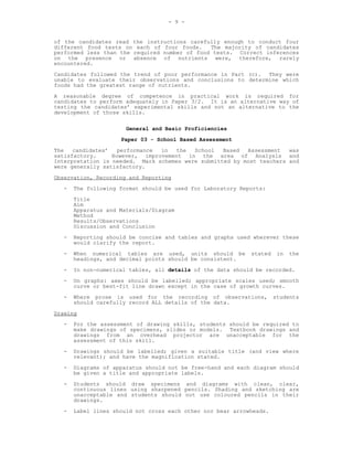 - 9 -


of the candidates read the instructions carefully enough to conduct four
different food tests on each of four foods.    The majority of candidates
performed less than the required number of food tests. Correct inferences
on the presence or absence of nutrients were, therefore, rarely
encountered.
Candidates followed the trend of poor performance in Part (c). They were
unable to evaluate their observations and conclusions to determine which
foods had the greatest range of nutrients.

A reasonable degree of competence in practical work is required for
candidates to perform adequately in Paper 3/2. It is an alternative way of
testing the candidates’ experimental skills and not an alternative to the
development of those skills.

                      General and Basic Proficiencies
                    Paper 03 - School Based Assessment
The   candidates’   performance in   the  School   Based  Assessment   was
satisfactory.     However, improvement in the area of Analysis and
Interpretation is needed. Mark schemes were submitted by most teachers and
were generally satisfactory.

Observation, Recording and Reporting
  -   The following format should be used for Laboratory Reports:
      Title
      Aim
      Apparatus and Materials/Diagram
      Method
      Results/Observations
      Discussion and Conclusion
  -   Reporting should be concise and tables and graphs used wherever these
      would clarify the report.
  -   When numerical tables are used, units should be       stated    in   the
      headings, and decimal points should be consistent.
  -   In non-numerical tables, all details of the data should be recorded.
  -   On graphs: axes should be labelled; appropriate scales used; smooth
      curve or best-fit line drawn except in the case of growth curves.
  -   Where prose is used for the recording of observations,         students
      should carefully record ALL details of the data.
Drawing
  -   For the assessment of drawing skills, students should be required to
      make drawings of specimens, slides or models. Textbook drawings and
      drawings from an overhead projector are unacceptable for the
      assessment of this skill.
  -   Drawings should be labelled; given a suitable title (and view where
      relevant); and have the magnification stated.
  -   Diagrams of apparatus should not be free-hand and each diagram should
      be given a title and appropriate labels.
  -   Students should draw specimens and diagrams with clean, clear,
      continuous lines using sharpened pencils. Shading and sketching are
      unacceptable and students should not use coloured pencils in their
      drawings.
  -   Label lines should not cross each other nor bear arrowheads.
 