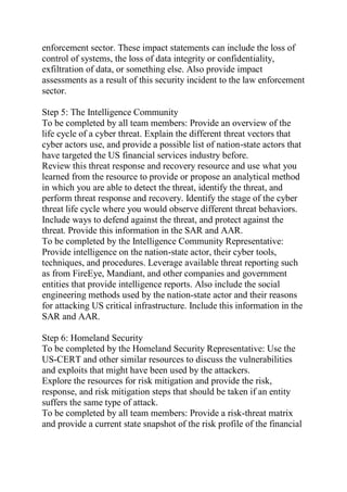 enforcement sector. These impact statements can include the loss of
control of systems, the loss of data integrity or confidentiality,
exfiltration of data, or something else. Also provide impact
assessments as a result of this security incident to the law enforcement
sector.
Step 5: The Intelligence Community
To be completed by all team members: Provide an overview of the
life cycle of a cyber threat. Explain the different threat vectors that
cyber actors use, and provide a possible list of nation-state actors that
have targeted the US financial services industry before.
Review this threat response and recovery resource and use what you
learned from the resource to provide or propose an analytical method
in which you are able to detect the threat, identify the threat, and
perform threat response and recovery. Identify the stage of the cyber
threat life cycle where you would observe different threat behaviors.
Include ways to defend against the threat, and protect against the
threat. Provide this information in the SAR and AAR.
To be completed by the Intelligence Community Representative:
Provide intelligence on the nation-state actor, their cyber tools,
techniques, and procedures. Leverage available threat reporting such
as from FireEye, Mandiant, and other companies and government
entities that provide intelligence reports. Also include the social
engineering methods used by the nation-state actor and their reasons
for attacking US critical infrastructure. Include this information in the
SAR and AAR.
Step 6: Homeland Security
To be completed by the Homeland Security Representative: Use the
US-CERT and other similar resources to discuss the vulnerabilities
and exploits that might have been used by the attackers.
Explore the resources for risk mitigation and provide the risk,
response, and risk mitigation steps that should be taken if an entity
suffers the same type of attack.
To be completed by all team members: Provide a risk-threat matrix
and provide a current state snapshot of the risk profile of the financial
 