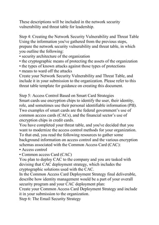 These descriptions will be included in the network security
vulnerability and threat table for leadership.
Step 4: Creating the Network Security Vulnerability and Threat Table
Using the information you've gathered from the previous steps,
prepare the network security vulnerability and threat table, in which
you outline the following:
• security architecture of the organization
• the cryptographic means of protecting the assets of the organization
• the types of known attacks against those types of protections
• means to ward off the attacks
Create your Network Security Vulnerability and Threat Table, and
include it in your submission to the organization. Please refer to this
threat table template for guidance on creating this document.
Step 5: Access Control Based on Smart Card Strategies
Smart cards use encryption chips to identify the user, their identity,
role, and sometimes use their personal identifiable information (PII).
Two examples of smart cards are the federal government’s use of
common access cards (CACs), and the financial sector’s use of
encryption chips in credit cards.
You have completed your threat table, and you've decided that you
want to modernize the access control methods for your organization.
To that end, you read the following resources to gather some
background information on access control and the various encryption
schemas associated with the Common Access Card (CAC):
• Access control
• Common access Card (CAC)
You plan to deploy CAC to the company and you are tasked with
devising that CAC deployment strategy, which includes the
cryptographic solutions used with the CAC.
In the Common Access Card Deployment Strategy final deliverable,
describe how identity management would be a part of your overall
security program and your CAC deployment plan:
Create your Common Access Card Deployment Strategy and include
it in your submission to the organization.
Step 6: The Email Security Strategy
 