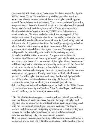 systems critical infrastructure. Your team has been assembled by the
White House Cyber National security staff to provide situational
awareness about a current network breach and cyber attack against
several financial service institutions. Your team consists of four roles,
a representative from the financial services sector who has discovered
the network breach and the cyber attacks. These attacks include
distributed denial of service attacks, DDOS, web defacements,
sensitive data exfiltration, and other attack vectors typical of this
nation state actor. A representative from law enforcement who has
provided additional evidence of network attacks found using network
defense tools. A representative from the intelligence agency who has
identified the nation state actor from numerous public and
government provided threat intelligence reports. This representative
will provide threat intelligence on the tools, techniques, and
procedures of this nation state actor. A representative from the
Department of Homeland Security who will provide the risk, response,
and recovery actions taken as a result of this cyber threat. Your team
will have to provide education and security awareness to the financial
services sector about the threats, vulnerabilities, risks, and risk
mitigation and remediation procedures to be implemented to maintain
a robust security posture. Finally, your team will take the lessons
learned from this cyber incident and share that knowledge with the
rest of the cyber threat analysis community. At the end of the
response to this cyber incident, your team will provide two
deliverables, a situational analysis report, or SAR, to the White House
Cyber National security staff and an After Action Report and lesson
learned to the cyber threat analyst community.
US critical infrastructure-power—water, oil and natural gas, military
systems, financial systems—have become the target of cyber and
physical attacks as more critical infrastructure systems are integrated
with the Internet and other digital controls systems. The lesson
learned in defending and mitigating cyberattacks is that no entity can
prevent or resolve cyberattacks on its own. Collaboration and
information sharing is key for success and survival.
This is a group exercise, representing collaboration across all sectors,
to support and defend US critical infrastructure. In the working world,
 
