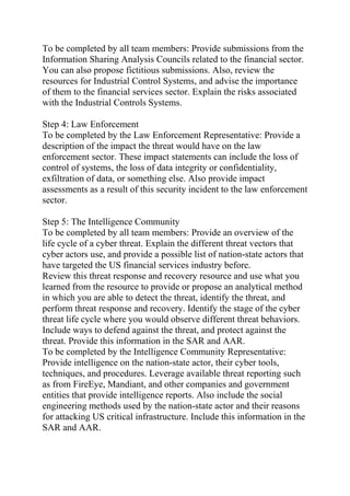 To be completed by all team members: Provide submissions from the
Information Sharing Analysis Councils related to the financial sector.
You can also propose fictitious submissions. Also, review the
resources for Industrial Control Systems, and advise the importance
of them to the financial services sector. Explain the risks associated
with the Industrial Controls Systems.
Step 4: Law Enforcement
To be completed by the Law Enforcement Representative: Provide a
description of the impact the threat would have on the law
enforcement sector. These impact statements can include the loss of
control of systems, the loss of data integrity or confidentiality,
exfiltration of data, or something else. Also provide impact
assessments as a result of this security incident to the law enforcement
sector.
Step 5: The Intelligence Community
To be completed by all team members: Provide an overview of the
life cycle of a cyber threat. Explain the different threat vectors that
cyber actors use, and provide a possible list of nation-state actors that
have targeted the US financial services industry before.
Review this threat response and recovery resource and use what you
learned from the resource to provide or propose an analytical method
in which you are able to detect the threat, identify the threat, and
perform threat response and recovery. Identify the stage of the cyber
threat life cycle where you would observe different threat behaviors.
Include ways to defend against the threat, and protect against the
threat. Provide this information in the SAR and AAR.
To be completed by the Intelligence Community Representative:
Provide intelligence on the nation-state actor, their cyber tools,
techniques, and procedures. Leverage available threat reporting such
as from FireEye, Mandiant, and other companies and government
entities that provide intelligence reports. Also include the social
engineering methods used by the nation-state actor and their reasons
for attacking US critical infrastructure. Include this information in the
SAR and AAR.
 