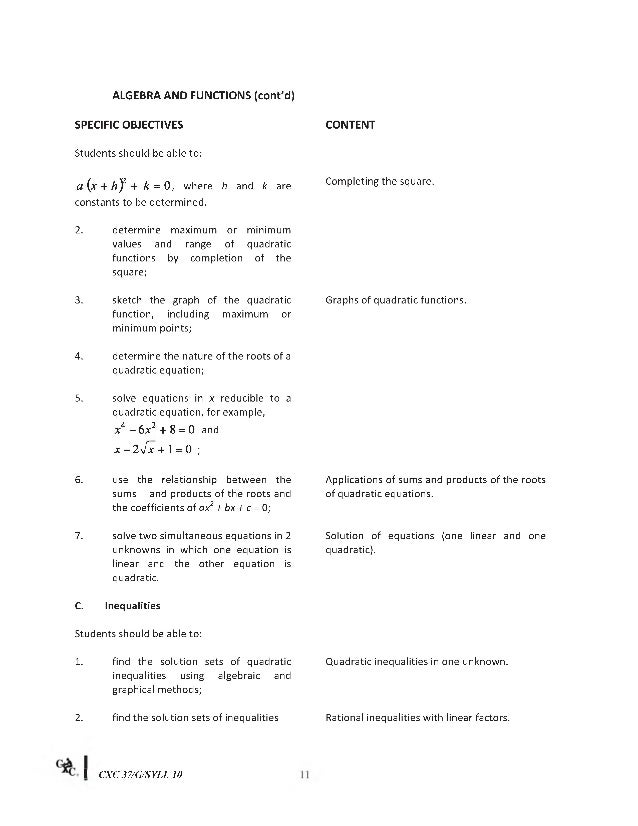 CXC CSEC Syllabus for Additional Mathematics