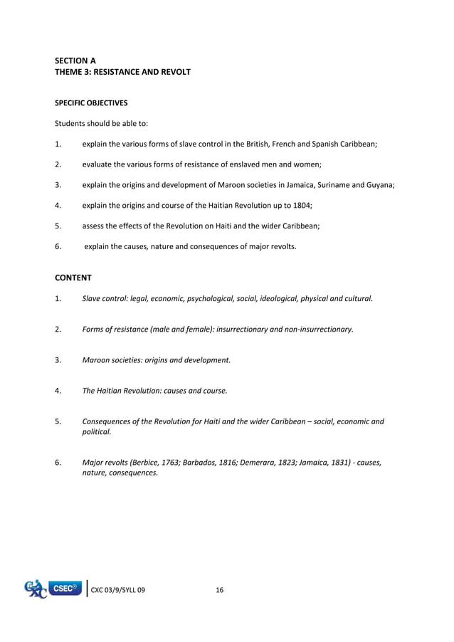 CXC CSEC Syllabus for Caribbean History