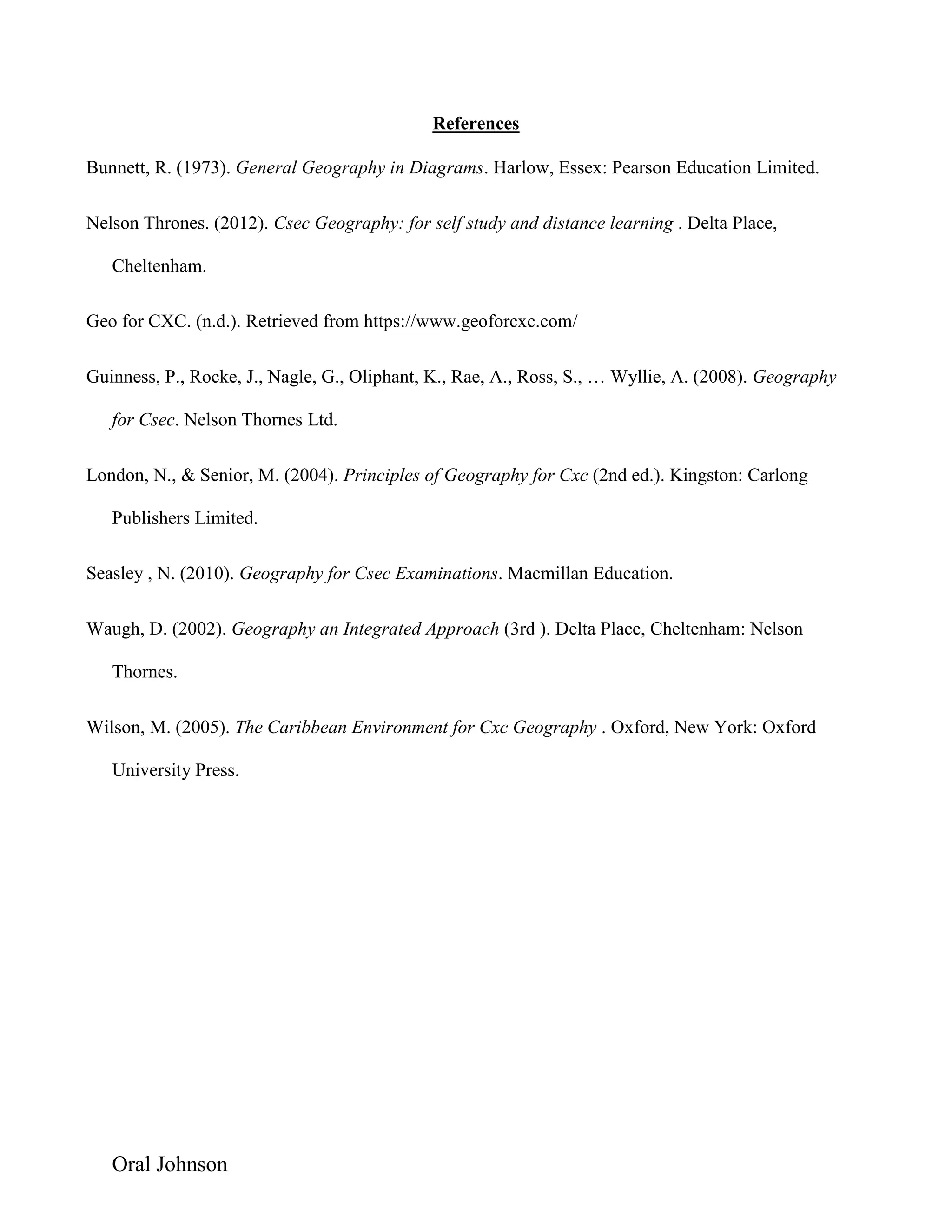 Oral Johnson
References
Bunnett, R. (1973). General Geography in Diagrams. Harlow, Essex: Pearson Education Limited.
Nelson Thrones. (2012). Csec Geography: for self study and distance learning . Delta Place,
Cheltenham.
Geo for CXC. (n.d.). Retrieved from https://www.geoforcxc.com/
Guinness, P., Rocke, J., Nagle, G., Oliphant, K., Rae, A., Ross, S., … Wyllie, A. (2008). Geography
for Csec. Nelson Thornes Ltd.
London, N., & Senior, M. (2004). Principles of Geography for Cxc (2nd ed.). Kingston: Carlong
Publishers Limited.
Seasley , N. (2010). Geography for Csec Examinations. Macmillan Education.
Waugh, D. (2002). Geography an Integrated Approach (3rd ). Delta Place, Cheltenham: Nelson
Thornes.
Wilson, M. (2005). The Caribbean Environment for Cxc Geography . Oxford, New York: Oxford
University Press.
 