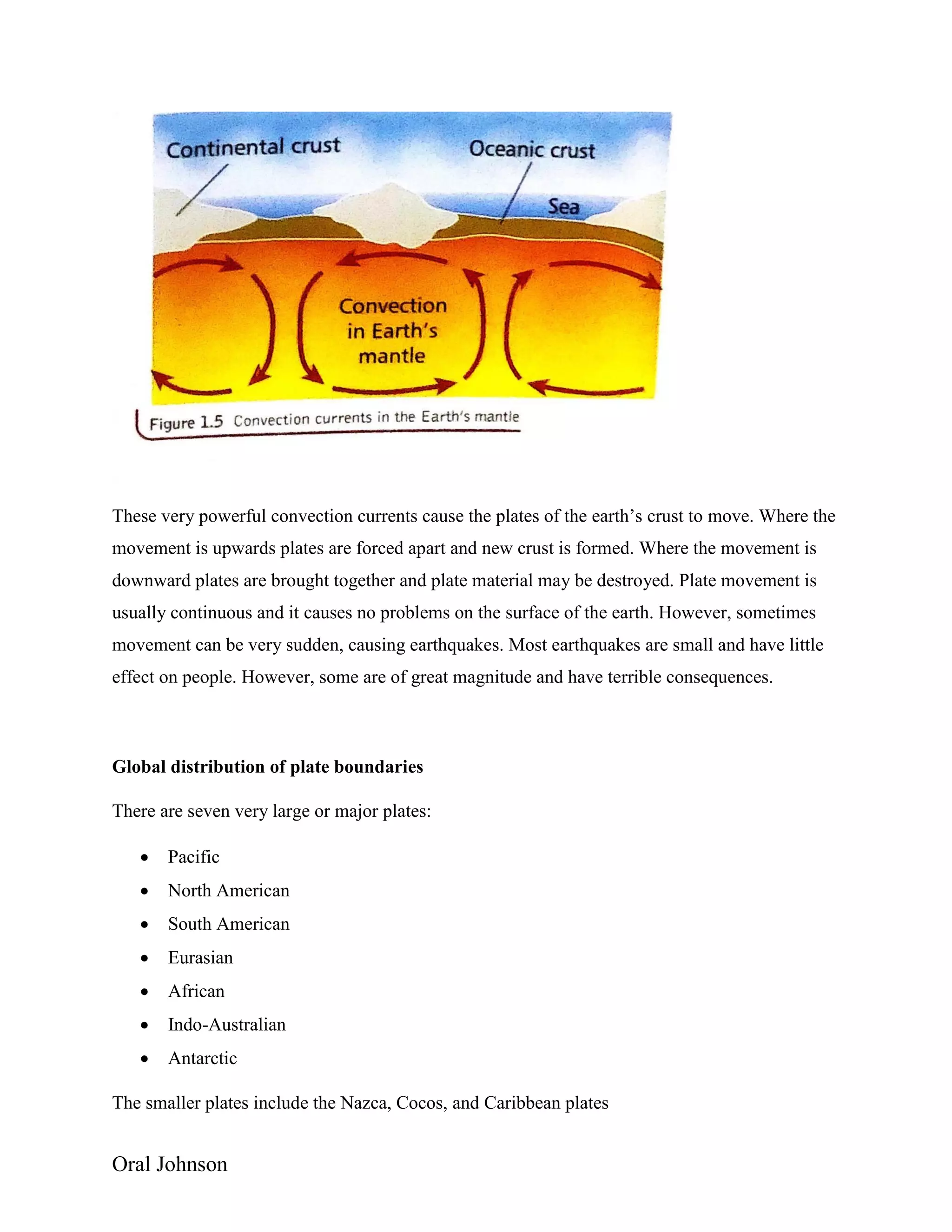 Oral Johnson
These very powerful convection currents cause the plates of the earth’s crust to move. Where the
movement is upwards plates are forced apart and new crust is formed. Where the movement is
downward plates are brought together and plate material may be destroyed. Plate movement is
usually continuous and it causes no problems on the surface of the earth. However, sometimes
movement can be very sudden, causing earthquakes. Most earthquakes are small and have little
effect on people. However, some are of great magnitude and have terrible consequences.
Global distribution of plate boundaries
There are seven very large or major plates:
 Pacific
 North American
 South American
 Eurasian
 African
 Indo-Australian
 Antarctic
The smaller plates include the Nazca, Cocos, and Caribbean plates
 