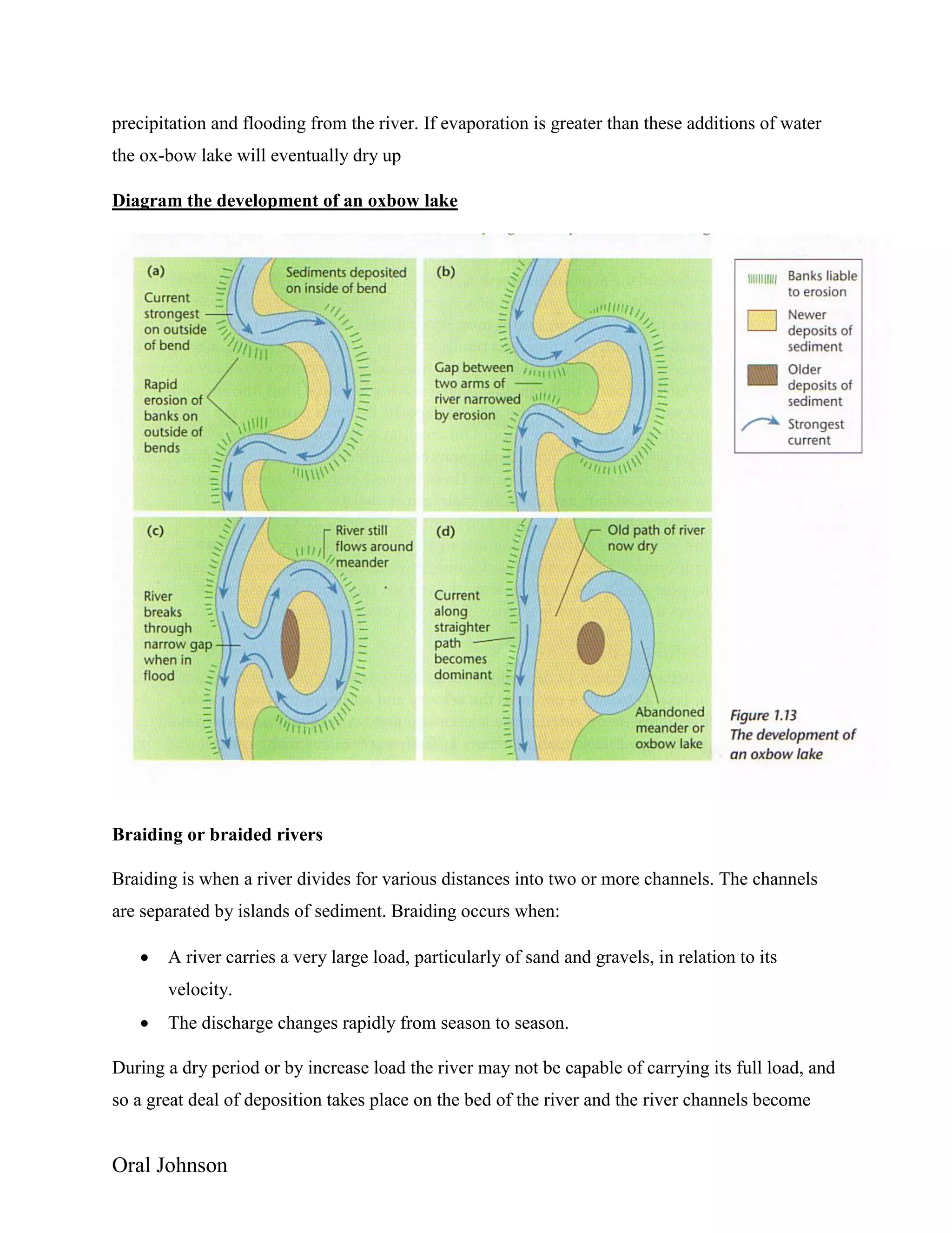 Oral Johnson
precipitation and flooding from the river. If evaporation is greater than these additions of water
the ox-bow lake will eventually dry up
Diagram the development of an oxbow lake
Braiding or braided rivers
Braiding is when a river divides for various distances into two or more channels. The channels
are separated by islands of sediment. Braiding occurs when:
 A river carries a very large load, particularly of sand and gravels, in relation to its
velocity.
 The discharge changes rapidly from season to season.
During a dry period or by increase load the river may not be capable of carrying its full load, and
so a great deal of deposition takes place on the bed of the river and the river channels become
 