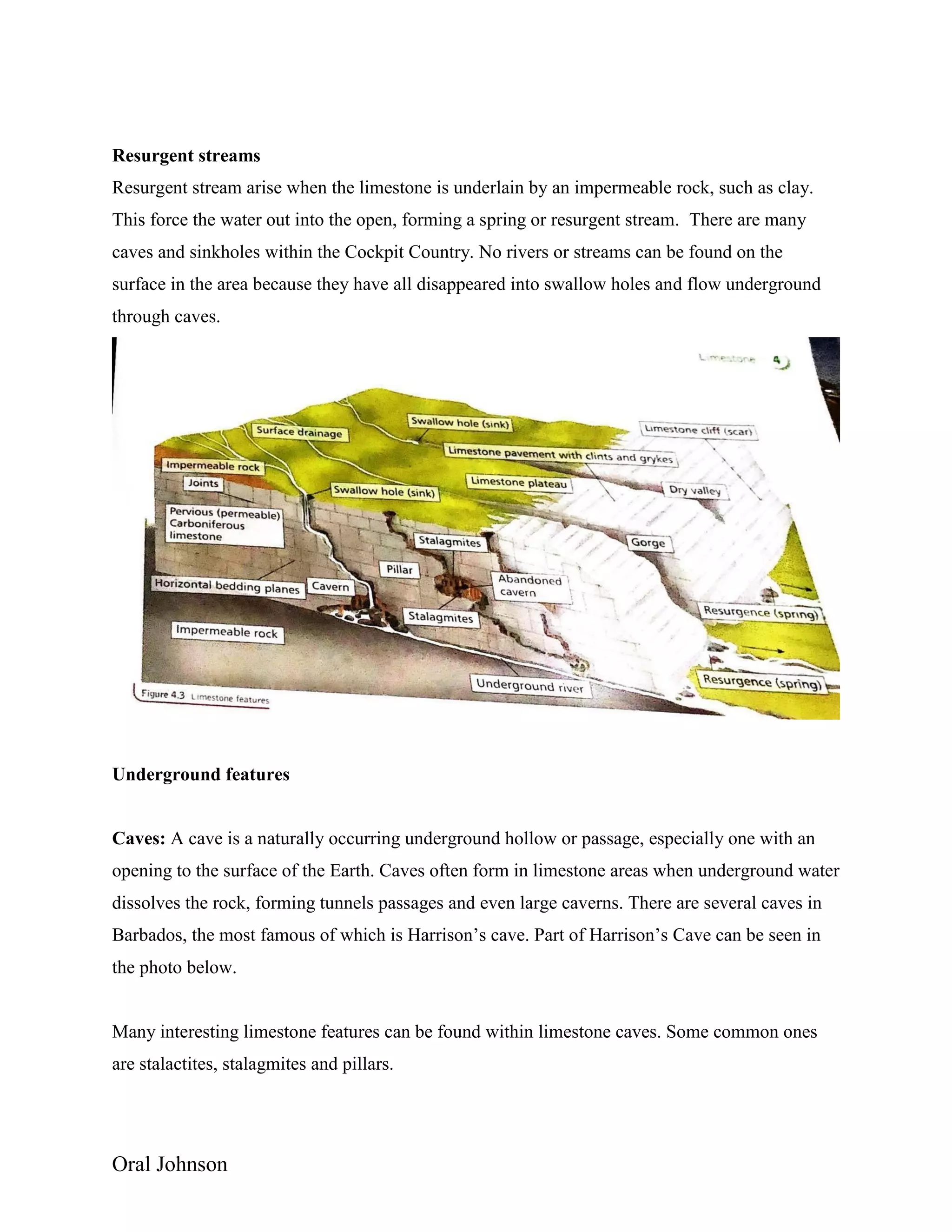 Oral Johnson
Resurgent streams
Resurgent stream arise when the limestone is underlain by an impermeable rock, such as clay.
This force the water out into the open, forming a spring or resurgent stream. There are many
caves and sinkholes within the Cockpit Country. No rivers or streams can be found on the
surface in the area because they have all disappeared into swallow holes and flow underground
through caves.
Underground features
Caves: A cave is a naturally occurring underground hollow or passage, especially one with an
opening to the surface of the Earth. Caves often form in limestone areas when underground water
dissolves the rock, forming tunnels passages and even large caverns. There are several caves in
Barbados, the most famous of which is Harrison’s cave. Part of Harrison’s Cave can be seen in
the photo below.
Many interesting limestone features can be found within limestone caves. Some common ones
are stalactites, stalagmites and pillars.
 