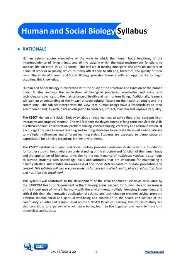 Csec human and social biology syllabus with specimen papers 2022 | PDF ...