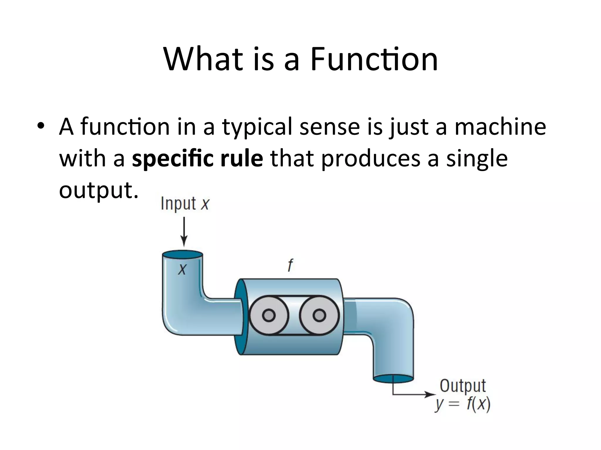 What  is  a  Func<on   •  A  func<on  in  a  typical  sense  is  just  a  machine   with  a  speciﬁc  rule  that  produces  a  single   output.     