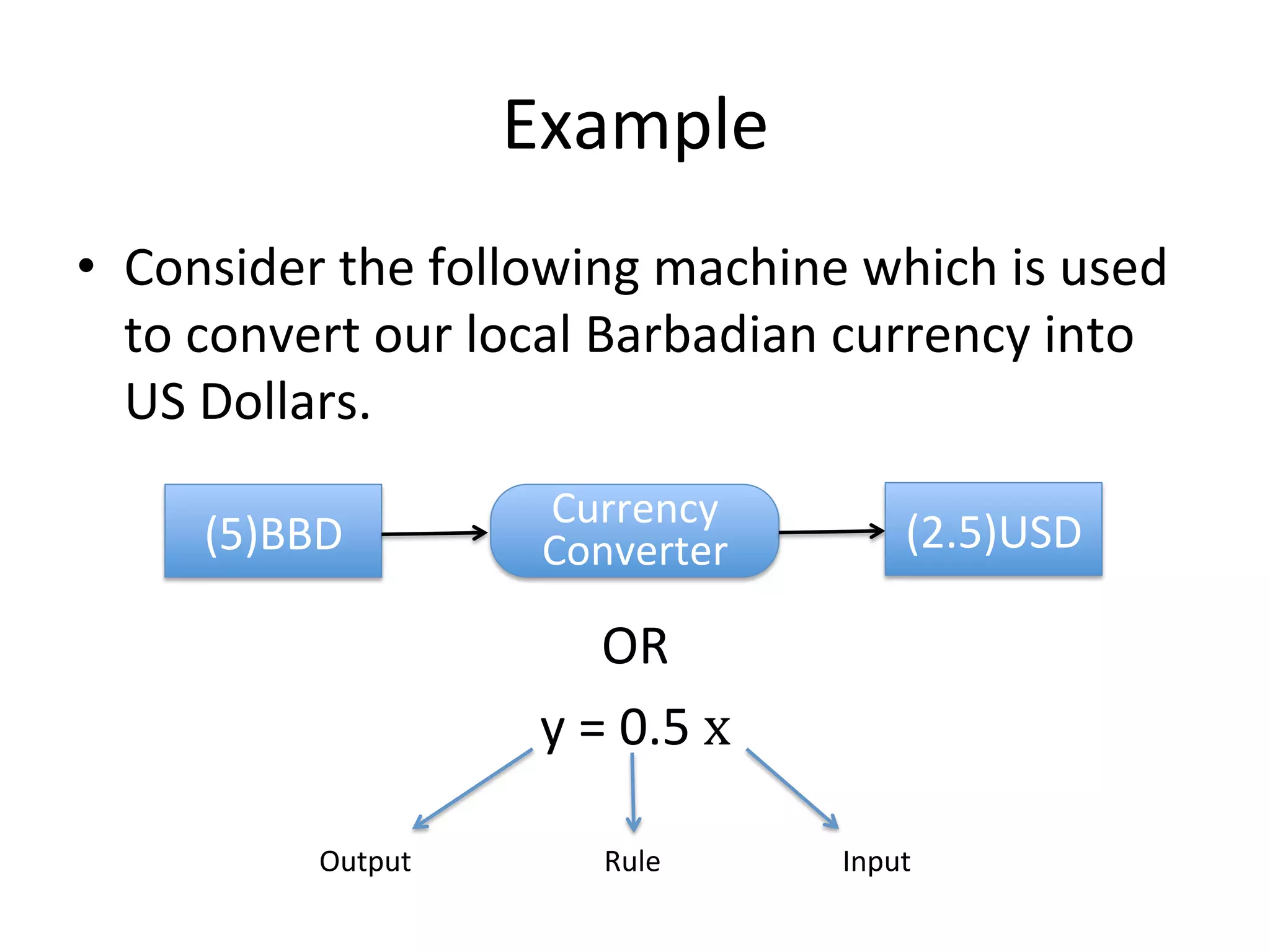 Example   •  Consider  the  following  machine  which  is  used   to  convert  our  local  Barbadian  currency  into   US  Dollars.       OR   y  =  0.5  x     (5)BBD     Currency   Converter     (2.5)USD     Output   Rule   Input   