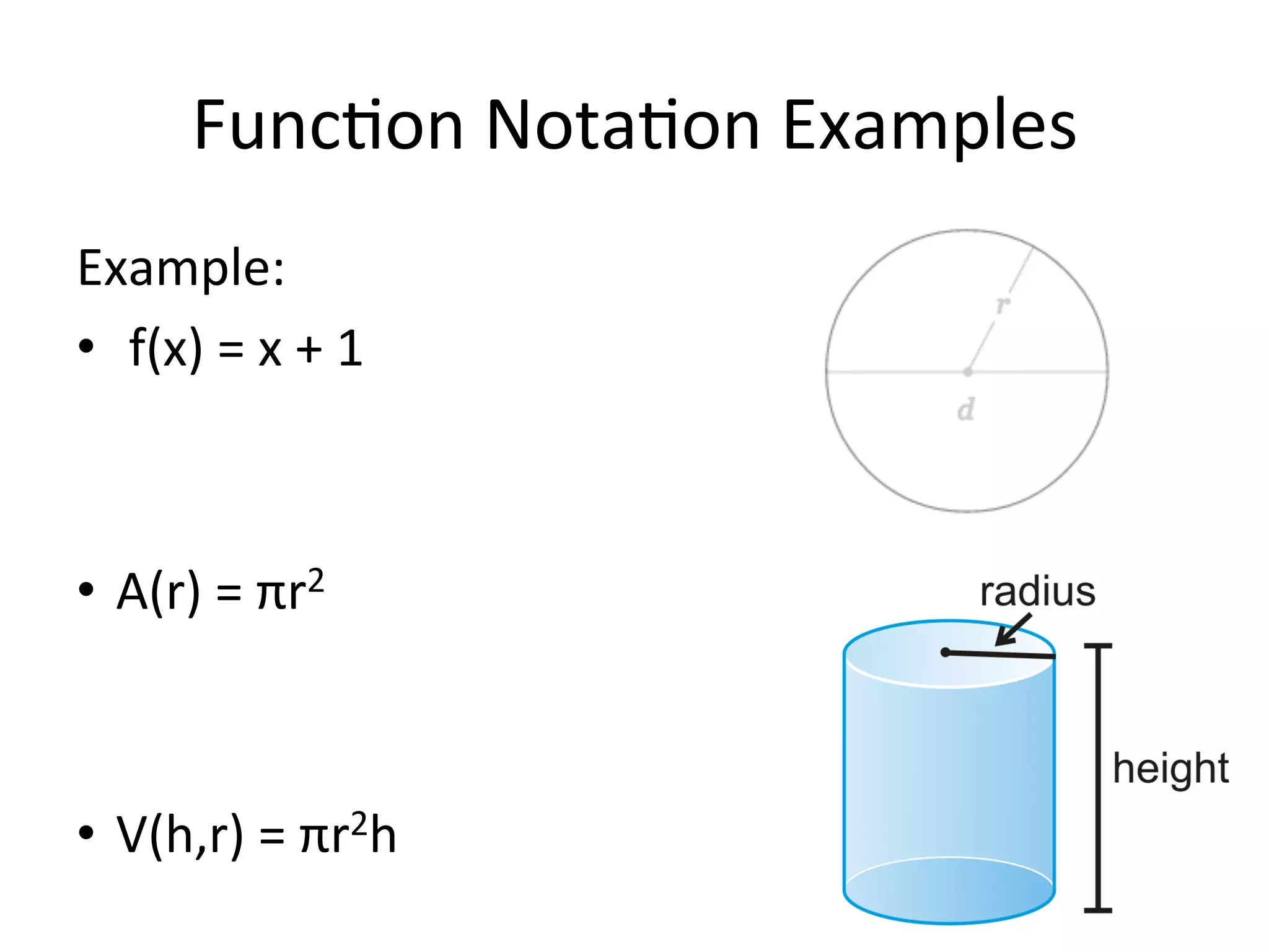 Func<on  Nota<on  Examples   Example:   •   f(x)  =  x  +  1       •  A(r)  =  πr2       •  V(h,r)  =  πr2h   