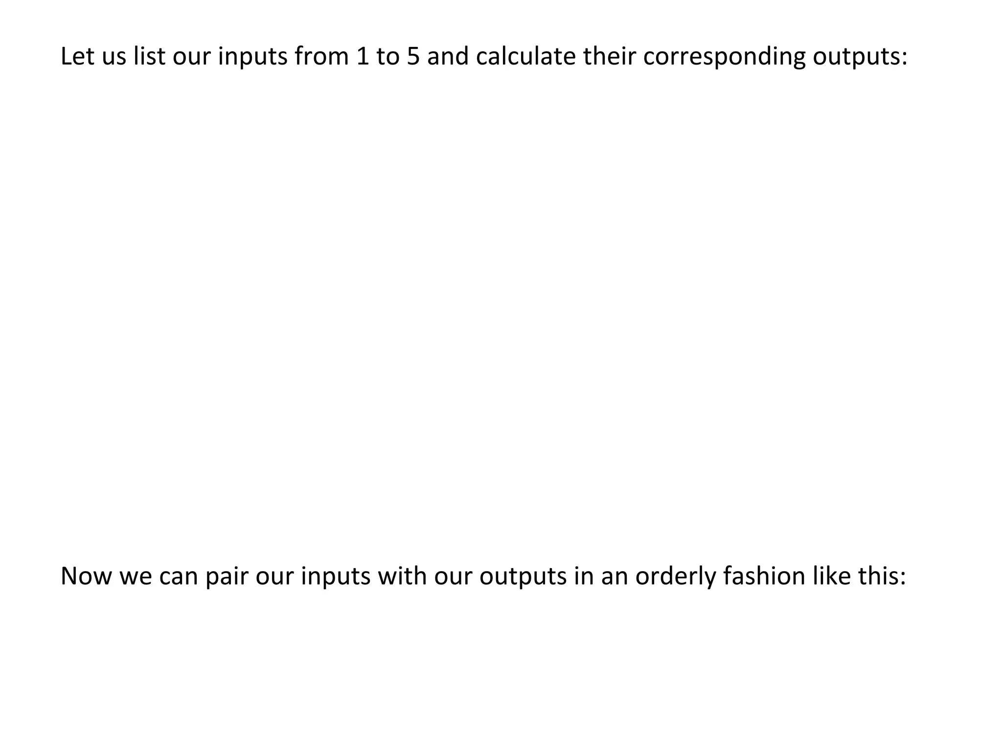 Let  us  list  our  inputs  from  1  to  5  and  calculate  their  corresponding  outputs:                           Now  we  can  pair  our  inputs  with  our  outputs  in  an  orderly  fashion  like  this:   
