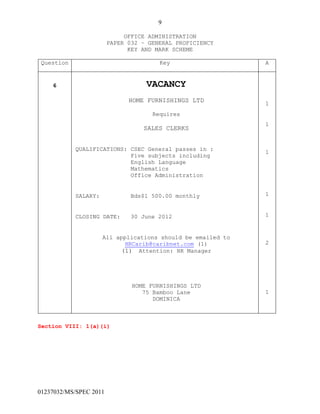 9
01237032/MS/SPEC 2011
OFFICE ADMINISTRATION
PAPER 032 – GENERAL PROFICIENCY
KEY AND MARK SCHEME
Question Key A
6 VACANCY
HOME FURNISHINGS LTD
Requires
SALES CLERKS
QUALIFICATIONS: CSEC General passes in :
Five subjects including
English Language
Mathematics
Office Administration
SALARY: Bds$1 500.00 monthly
CLOSING DATE: 30 June 2012
All applications should be emailed to
HRCarib@caribnet.com (1)
(1) Attention: HR Manager
HOME FURNISHINGS LTD
75 Bamboo Lane
DOMINICA
1
1
1
1
1
2
1
Section VIII: 1(a)(i)
 