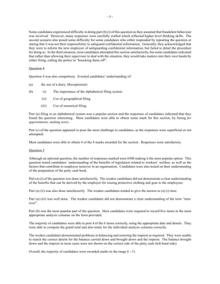 - 5 -
Some candidates experienced difficulty in doing part (b) (i) of this question as they assumed that fraudulent behaviour
was involved. However, many responses were carefully crafted which reflected higher level thinking skills. The
second scenario also posed some difficulty for some candidates who either responded by repeating the question or
stating that it was not their responsibility to safeguard confidential information. Generally, they acknowledged that
they were to inform the new employee of safeguarding confidential information, but failed to detail the procedure
for doing so. In the third situation, most candidates attempted this section satisfactorily, but some candidates indicated
that rather than allowing their supervisor to deal with the situation, they would take matters into their own hands by
either firing, calling the police or “knocking them off”.
Question 4
Question 4 was also compulsory. It tested candidates’ understanding of:
(a) the use of a diary. (Receptionist)
(b) (i) The importance of the alphabetical filing system
(ii) Use of geographical filing
(iii) Use of numerical filing
Part (a) filing in an alphabetical system was a popular section and the responses of candidates indicated that they
found the question interesting. Most candidates were able to obtain some mark for this section, by listing for
appointments, making notes.
Part (c) of the question appeared to pose the most challenge to candidates, as the responses were superficial or not
attempted.
Most candidates were able to obtain 4 of the 8 marks awarded for the section. Responses were satisfactory.
Question 5
Although an optional question, the number of responses marked were 6500 making it the most popular option. This
question tested candidates’ understanding of the benefits of legislation related to workers’ welfare, as well as the
factors that contribute to employee turnover in an organisation. Candidates were also tested on their understanding
of the preparation of the petty cash book.
Part (a) (i) of the question was done satisfactorily. The weaker candidates did not demonstrate a clear understanding
of the benefits that can be derived by the employer for issuing protective clothing and gear to the employees.
Part (a) (ii) was also done satisfactorily. The weaker candidates tended to give the answer to (a) (i) here.
Part (a) (iii) was well done. The weaker candidates did not demonstrate a clear understanding of the term “turn-
over”.
Part (b) was the most popular part of the question. Here candidates were required to record five items in the most
appropriate analysis columns on the form provided.
The majority of candidates were able to post 4 of the 6 items correctly, using the appropriate date and details. They
were able to compute the grand total and also totals for the individual analysis columns correctly.
The weaker candidates demonstrated problems in balancing and restoring the imprest as required. They were unable
to match the correct details for the balance carried down and brought down and the imprest. The balance brought
down and the imprest in most cases were not shown on the correct side of the petty cash (left hand side).
Overall, the majority of candidates were awarded marks in the range 6 - 11.
 