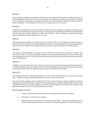 - 10 -
Question 5
For this question, candidates were required to list four pieces of modern technology that are used by an employee in
the sales department on a daily basis. It was worth 4 marks. Most candidates were able to give satisfactory responses
such as computers, photocopiers, fax machines and printers, thus displaying their familiarity with the concept of
modern technology. A few candidates listed items such as paper clips in their responses.
Question 6
Candidates were required to list three skills and three attributes that are necessary in conducting a needs analysis for
employees in the human resource department. It was worth 6 marks. Some candidates had difficulty in differentiating
between factors that could be described as “skills” and “attributes”. Many candidates, on the other hand, gave
specific, appropriate examples relating to the case study.
Question 7
This question asked candidates to formulate questions for a needs analysis. It was hoped that a similar technique as
utilised in the school-based assessment data-gathering component, would be employed in structuring questions for
the needs analysis. Whereas most candidates did write questions, most of them had no link to the objective.
Question 8
This question required candidates to prepare a notice to all staff to inform them of a workshop on “change” with
instruction as to the venue, time, guest speaker, duration and all other pertinent information. It was worth 6 marks.
Most candidates scored well on this question, demonstrating that they had clear knowledge and understanding of the
essential competencies.
Question 9
Candidates were required to write a letter. This area continues to be one that necessitates development, as the letter,
in whatever medium, remains an essential business tool. Though candidates were given all the necessary information
to formulate the letter, there were significant shortcomings in presentation and technique.
Question 10
Part (a) asked candidates to identify skills acquired as a clerk, that would be utilised in a new position at a higher
level. Candidates’ responses indicated that they were unable to make the connection.
Part (b) presented candidates with the challenge of having a clerk in the human resource department assist the
manager who would be conducting a workshop. This question asked that candidates distinguish the role of the clerk
in the HR office from the role of the manager and how the clerk could support the functions of the manager. Some
candidates responded as the clerk actually conducting the seminar.
Recommendation to Teachers
1. Students should be given adequate practice in answering questions from case studies.
2. Past papers are a good source of practice.
3. Students should be encouraged to use the jargon of the subject. They must be made aware of the
modern terminologies being used for various areas of activities applicable to office administration.
 