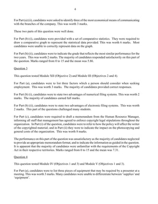 For Part (a) (ii), candidates were asked to identify three of the most economical means of communicating
with the branches of the company. This was worth 3 marks.
These two parts of this question were well done.
For Part (b) (i), candidates were provided with a set of comparative statistics. They were required to
draw a comparative graph to represent the statistical data provided. This was worth 6 marks. Most
candidates were unable to correctly represent data on the graph.
For Part (b) (ii), candidates were to indicate the grade that reflects the most similar performance for the
two years. This was worth 2 marks. The majority of candidates responded satisfactorily on this part of
the question. Marks ranged from 0 to 15 and the mean was 5.86.
Question 3
This question tested Module XII (Objective 2) and Module III (Objectives 2 and 4).
For Part (a), candidates were to list three factors which a person should consider when seeking
employment. This was worth 3 marks. The majority of candidates provided correct responses.
For Part (b) (i), candidates were to state two advantages of numerical filing systems. This was worth 2
marks. The majority of candidates earned full marks.
For Part (b) (ii), candidates were to state two advantages of electronic filing systems. This was worth
2 marks. This part of the questions challenged many students.
For Part (c), candidates were required to draft a memorandum from the Human Resource Manager,
informing all staff that management has agreed to enforce copyright legal stipulations throughout the
organization. In Part (i) of the question, candidates were to refer to how the policy will affect the writer
of the copyrighted material; and in Part (ii) they were to indicate the impact on the photocopying and
general costs of the organization. This was worth 8 marks.
The performance on this part of the question was unsatisfactory as the majority of candidates neglected
to provide an appropriate memorandum format, and to indicate the information as guided in the question.
It is apparent that the majority of candidates were unfamiliar with the requirements of the Copyright
Act in their respective territories. Marks ranged from 0 to 15 and the mean was 7.31.
Question 4
This question tested Module IV (Objectives 1 and 3) and Module V (Objectives 1 and 3).
For Part (a), candidates were to list three pieces of equipment that may be required by a presenter at a
meeting. This was worth 3 marks. Many candidates were unable to differentiate between ‘supplies’and
‘equipment’.
4
 