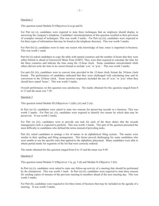 FDQGLGDWHVZHUHWRSUHSDUHD1RWLFHDQG$JHQGDWRFLUFXODWHWRPHPEHUVRIWKH
0DUNHWLQJ 'HSDUWPHQW LQIRUPLQJ WKHP RI WKH PDQDJHU¶V LQWHQWLRQ WR FRQYHQH D PHHWLQJ
ZLWKLQWZRGDV7KHPHHWLQJZDVVFKHGXOHGWRWDNHSODFHLQWKHFRQIHUHQFHURRPZKHUHWKH
WHDP ZRXOG HOHFW D PHPEHU WR KHDG D FRPPLWWHH WKDW ZRXOG SXW WKH PDUNHWLQJ SODQ LQWR
DFWLRQVRWKDWWKHMHDQVZRXOGEHDYDLODEOHWRWKHSXEOLFEWKHHQGRIWKHQH[WPRQWK7KLV
ZDVZRUWKPDUNV

7KLVVHJPHQWRIWKHTXHVWLRQZDVGRQHXQVDWLVIDFWRULO0DQFDQGLGDWHVZHUHQRWDEOHWR
GLVWLQJXLVK EHWZHHQ WKH FRQWHQW UHODWLQJ WR WKH QRWLFH DQG WKDW SHUWDLQLQJ WR DQ DJHQGD ,Q
DGGLWLRQWKHFRUUHFWIRUPDWIRUDFRPELQHGQRWLFHDQGDJHQGDZDVQRWGHPRQVWUDWHG7KH
QRWLFHVKRXOGLQFOXGHWKHYHQXHGDWHDQGWLPHZKLOHWKHDJHQGDVKRXOGVKRZLQIRUPDWLRQ
VXFKDV³FDOOWRRUGHUFRQILUPDWLRQRIPLQXWHVPDWWHUVDULVLQJDGMRXUQPHQW´

0DUNVUDQJHGIURPWRDQGWKHPHDQZDV


4XHVWLRQ

7KLVTXHVWLRQWHVWHG0RGXOH,,,2EMHFWLYH 