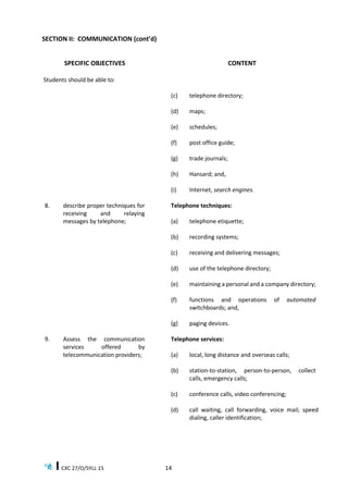 CXC 27/O/SYLL 15 14
SECTION II: COMMUNICATION (cont’d)
SPECIFIC OBJECTIVES CONTENT
Students should be able to:
(c) telephone directory;
(d) maps;
(e) schedules;
(f) post office guide;
(g) trade journals;
(h) Hansard; and,
(i) Internet, search engines.
8. describe proper techniques for
receiving and relaying
messages by telephone;
Telephone techniques:
(a) telephone etiquette;
(b) recording systems;
(c) receiving and delivering messages;
(d) use of the telephone directory;
(e) maintaining a personal and a company directory;
(f) functions and operations of automated
switchboards; and,
(g) paging devices.
9. Assess the communication
services offered by
telecommunication providers;
Telephone services:
(a) local, long distance and overseas calls;
(b) station-to-station, person-to-person, collect
calls, emergency calls;
(c) conference calls, video conferencing;
(d) call waiting, call forwarding, voice mail; speed
dialing, caller identification;
 