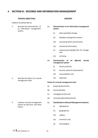 CXC 27/O/SYLL 15 21
 SECTION IV: RECORDS AND INFORMATION MANAGEMENT
SPECIFIC OBJECTIVES CONTENT
Students should be able to:
1. describe the characteristics of
an information management
system;
2. describe the duties of a records
management clerk;
(a) Characteristics of an information management
system:
(i) data input/data storage;
(ii) database management system;
(iii) processing: batch and real time;
(iv) retrieval of information;
(v) compressing (zipping) files for storage;
and,
(vi) archiving.
(b) Characteristics of an effective records
management system:
(i) Access protocols;
(ii) Security: physical and password;
(iii) accountability; and,
(iv) expansion.
Duties of a records management clerk:
(a) preparing documents;
(b) processing data;
(c) managing records; and,
(d) retrieving information/records.
3. maintain a records management
system by electronic and other
means;
(a) Classifications of Record Management Systems:
(i) alphabetical;
(ii) geographical;
(iii) subject;
(iv) numerical; and,
(v) chronological.
 