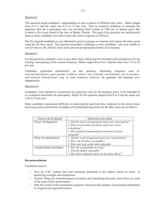 - 6 -
Many responses indicated that candidates were unaware of the tickler file and how it was to be maintained.
However, they provided more appropriate information on receiving parcels and were able to obtain more
marks for this part of the question.
The marks obtained for this question ranged from 0 to 8 and the mean was 2.35.
Question 2
This question tested Module IV (Objective 2 (c)).
An outline of a reception register was provided for candidates to complete the headings and enter details of
callers in the order in which they visited the firm, based on the details given. Candidates were also
instructed to use the 24-hour clock to record the times. This was worth 5 marks.
The responses of candidates who were unable to gain marks included instances where they did not follow
instructions or neglected to insert accurate information.
The marks obtained for this question ranged from 0 to 5 and the mean was 2.27.
Question 3
This question tested Module IV (Objective 1 (a)). It asked candidates to state three ways in which a trainee
receptionist could perform her duties in a manner that would maintain a good relationship between the
organization and members of the public. This was worth 3 marks.
The majority of candidates offered appropriate responses to this question.
The marks obtained for this question ranged from 1 to 3 and the mean was 1.08.
Question 4
This question tested Module IV (Objective 3 (a)). Candidates were asked to complete the appointment book
provided with details of visits made by specific individuals at stated times. This was worth 3 marks.
In some instances, information was misplaced in columns or important information was not copied
accurately, although provided in the question.
The marks obtained for this question ranged from 1 to 3 and the mean was 1.80.
Question 5
This question tested Module IV (Objective 2 (ii) (b, c, d)). It required candidates to state one way in which
the receptionist would demonstrate qualities of discretion, tact and initiative. It was worth 3 marks.
In instances where marks were not awarded, candidates were not aware of the meaning of the terms and as a
result were unable to provide the required information.
The marks obtained for this question ranged from 1 to 3 and the mean was 1.07.
Question 6
This question tested Module IV (Objective 2 (d)). A paragraph representing an extract from a telephone
message was given and candidates were required to use the information to complete the telephone message
form provided. Candidates responded satisfactorily to this question. It was worth 8 marks.
The marks obtained for this question ranged from 1 to 8 and the mean was 4.27.
 