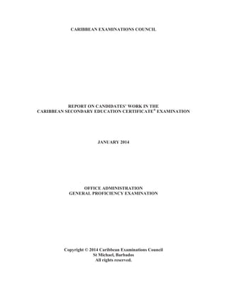 - 9 -
Regulations/Policies/Legislation
Evidence of a piece of legislation is designed to sensitize candidates to an awareness of the laws governing
the workplace. It would be useful therefore if they obtained a copy of the relevant legislation or make
reference to the specific regulation and what it is intended to do. The same would apply to the policies of
the organization and rules relating to employees which the candidate may have been subject to.
A policy is a deliberate plan of action to guide decisions and achieve goals. Policy may also refer to
important organizational decisions such as spending priorities and choosing among them on the basis of the
impact they will have. There may be management, financial and administrative policies designed to reach
explicit goals. For example, an organization may accept a legal and moral obligation to ensure that staff are
not subjected to sex discrimination through harassment, bullying or workplace violence by ensuring that in
the event of alleged discrimination, harassment, bullying or workplace violence, a staff member, or his/her
representative, may refer the matter to the Human Resource Manager or notify a union representative.
Legislation or statutory law is law which has been enacted by the governing body and actively regulates the
operation of the business. Examples are the Company Act, Shop and Factory Act, Sex Discrimination Act,
Equal Opportunity for Women in the Workplace Act.
Staff Rules
These rules are generally established by management and apply to all staff or categories of staff, except
where specifically provided, and may include the candidate who is doing the research. An example with
regard to employees in a legal firm: ‘Employees shall not solicit, accept or agree to accept any gifts or
gratuities from persons having or likely to have any official transaction.’
Presentation
Whereas some candidates presented a well written report, many wrote brief notes on the findings. Many
candidates were not able to state what they had accomplished by doing the research. They seemed able to
express the challenges they encountered but were unable to do the same with the problem-solving strategy
used to overcome the challenges.
Business Forms
The business form used in the project must be related to the business under consideration. Some candidates
simply included forms that had no relevance to what they set out to do. The forms and the title must be
related.
Bibliography
Most candidates were unable to obtain the maximum marks allotted for this section as they did not complete
the listing of resources used or Internet sites referenced. Although some candidates may not have access to
all types of media, the medium used should be stated.
Office Equipment
As required by the mark scheme, the equipment stated in the SBA must be equipment observed or used in
the business studied. Candidates are required to list the equipment, state its use, and its suitability for the
specific function in the business under consideration. Most candidates referred to the equipment employed
by them in the preparation of the SBA.
It is evident that there are some teachers who are not familiar with the revised mark scheme as the projects
were not in compliance with the current requirements. In a few instances, schools submitted SBAs that were
based on the 2004 syllabus and mark scheme.
 