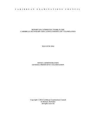 -3-
DETAILED COMMENTS
Paper 02 — Short Answer
Question 1
The first part of the question tested candidates’ knowledge of the requirements of the work
environment.
For Part (a) (i), candidates were required to identify one other right included in the labour laws of any
Caribbean country except the right to freedom of association and assembly. For the most part,
candidates were unable to identify a labour law and confused labour laws with human rights issues.
This part of the question was worth one mark.
For Part (a) (ii), candidates were required to identify two desirable attitudes that employees should
demonstrate in the workplace. This segment of the question was fairly well done. Part (a) (ii) was
worth two marks.
Paper (b) focused on procedures dealing with inactive files. Part (b) (i) required candidates to state one
way in which a company may dispose of each of the following types of files: non-confidential and
confidential.
Most candidates were able to identify shredding as a means of destroying confidential files, although
many candidates also used this process for non-confidential files. This part of the question was worth
two marks.
Part (b) (ii) required candidates to identify two types of files which are usually archived. Many
candidates who attempted this section were unfamiliar with the term ‘archived’ and failed to give
appropriate responses such as non-active files and closed/dead files. Part (b) (i) was worth two marks.
Part (a) tested candidates’ knowledge of preparing follow-up letters. Candidates were required to write
an appropriate follow-up letter to Mrs Penny Wise, the Director of the Human Resource Division, in
response to a stated scenario. This section was satisfactorily done with some candidates obtaining
maximum marks. In some cases though, candidates omitted the date from the letter, while others were
not able to match the salutation to an appropriate complimentary close. This part of the question was
worth eight marks.
Marks obtained for this question ranged from 0 to 14 and the mean was 7.80.
Question 2
Part (a) of this question examined candidates’ knowledge of the duties and responsibilities of a
receptionist.
Part (a) (i) required candidates to state two practices which would assist in keeping the reception area
tidy. Generally, candidates’ performance on this section was unsatisfactory as they failed to give
responses such as stack newspapers/files/magazines neatly, pin notices on notice boards properly, and
organize/arrange blinds/curtains/seating neatly. It was worth two marks.
Part (a) (ii), required candidates to identify two items of information that may be found on a business
card. Most candidates were able to score one of the two marks awarded in this section.
 