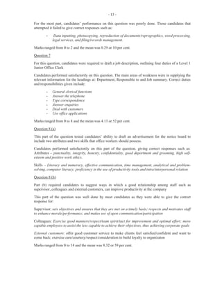 3
DETAILED COMMENTS
Paper 02 – Short Answer
Section I consisted of four compulsory questions, each worth 15 marks.
Question 1
This question tested candidates’ understanding of
· the modes of oral communication
· sources of reference materials used by a receptionist
· the types of information that a secretary can obtain from specified sources
· the consequences of reporting messages inaccurately
· the components of an email.
For Part (a) which was worth two marks, candidates were required to identify two modes of oral
communication that can be used to advertise a company’s products. Generally, candidates were
able to identify two modes and gave responses such as radio, television, telephone and word of
mouth.
In Part (b) (i), candidates were asked to suggest two sources of reference materials which may be
used by a receptionist. This part of the question was worth two marks.
Candidates gave responses such as the dictionary, hansard and encyclopedia. In some instances,
candidates inaccurately named the ‘telephone’ rather than the telephone directory as a reference
material.
Part (b) (ii) required candidates to identify one item of information which a secretary could obtain
from the following sources: (i) map, (ii) official gazette and (iii) post office guide. This part of the
question was worth three marks.
Candidates were more familiar with the concept of ‘map’ and provided correct responses such as
directions, locations and countries. However, the official gazette, and to a lesser extent, the post
office guide, presented some difficulty to candidates.
Expected responses for the official gazette, including recent appointments, legal issues, job offers
and advertisements, were not presented. Similarly, many candidates failed to provide correct
responses for the post office guide such as postal information and postage rates when answering
this part of the question.
 